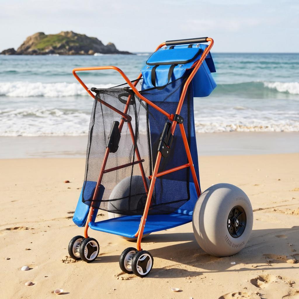 Strandkarre mit großen Rädern für Sand, 75 kg Tragfähigkeit, Robuster faltbarer Strandwagen mit 320 mm Ballonrädern, Isolierte Kühltasche, Sonnenschirm