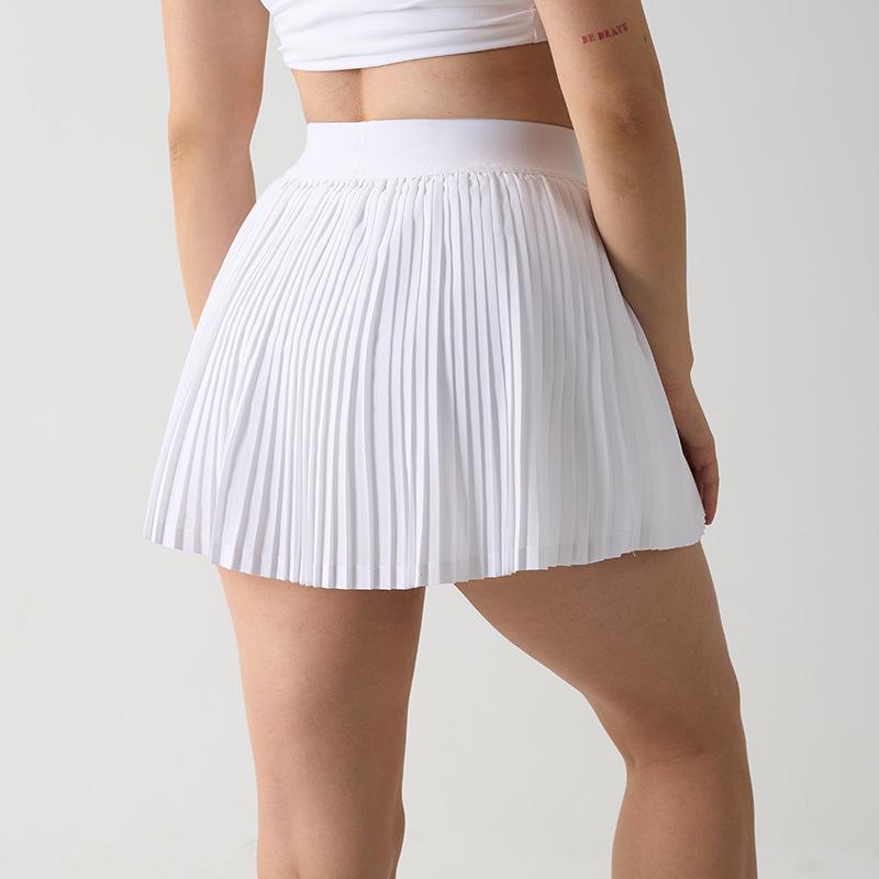 In-Stock High Waist Pleated Athletic Skort with Anti-Exposure and Quick-Drying Features, Side Pockets, and Midi Length