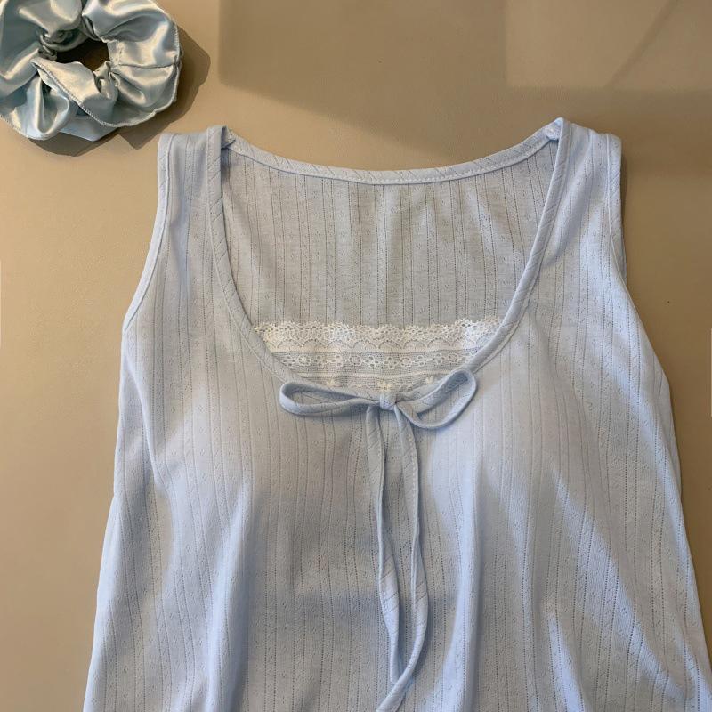 Women's Blue Sleeveless Pajama Shorts Set with Chest Pads, Summer Korean Style, Fresh Girly Design, Perfect for Home or Outdoors.