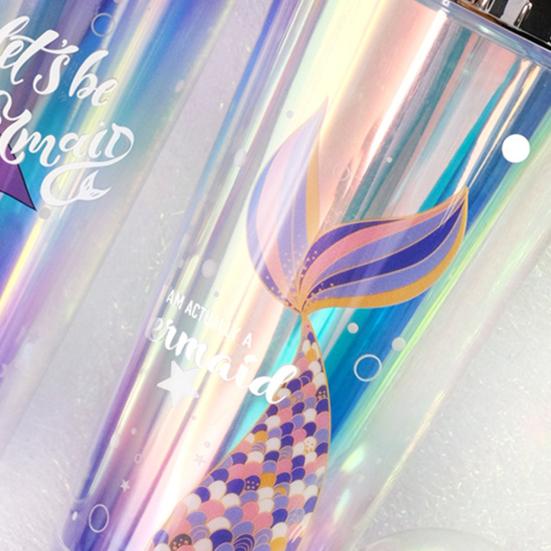 420ml Water Cup with Straw Double Wall Heat Insulated BPA Free Leak-proof Drinkware Plastic Mermaid Pattern Sippy Cup for School
