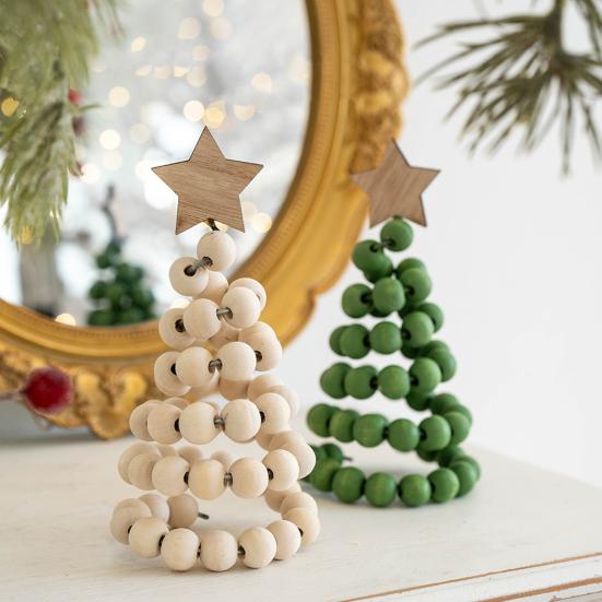 Nordic Wooden Spiral Christmas Tree Ornament Rustic Beaded Boho Christmas Tree Figurine for Home Office Farmhouse Centerpiece