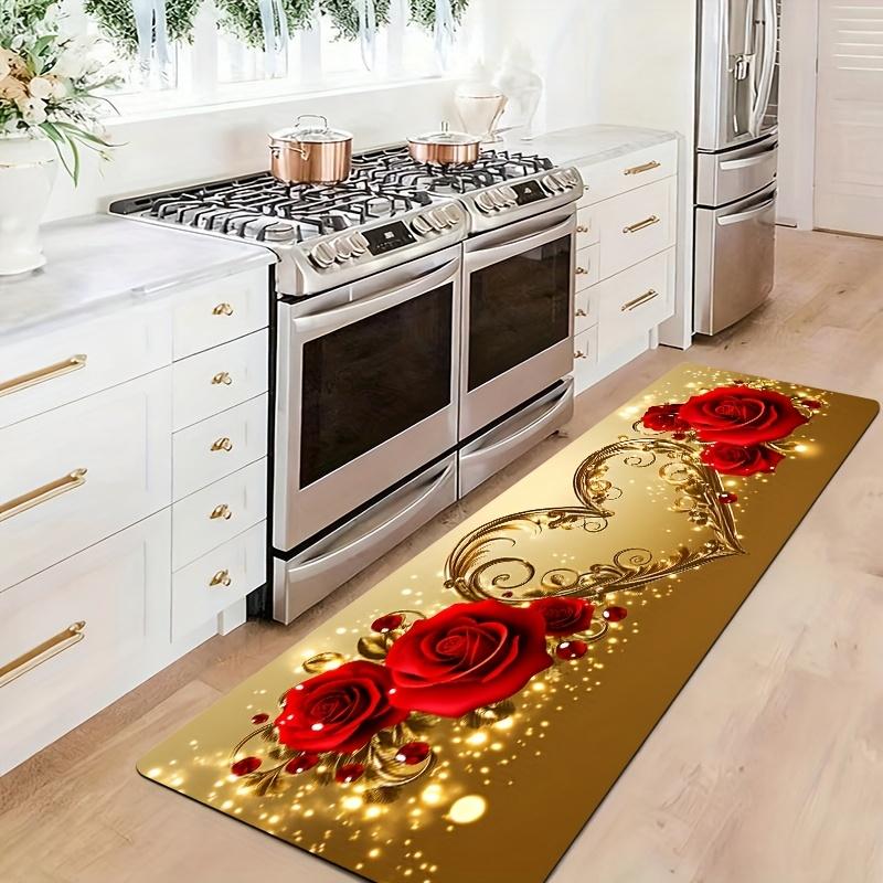 1Pcs Anti Fatigue Kitchen Rugs Golden Heart Shaped Rose Print Waterproof Non Slip Thick Cushioned Mat