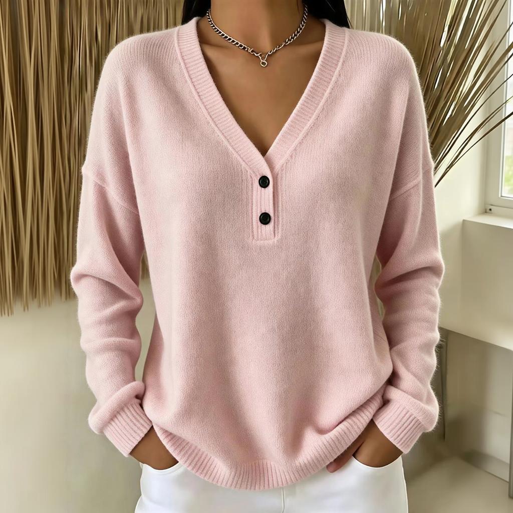 Women's V-Neck Button Color Sweater, Stylish Versatile Knit Layering Top for Casual Wear