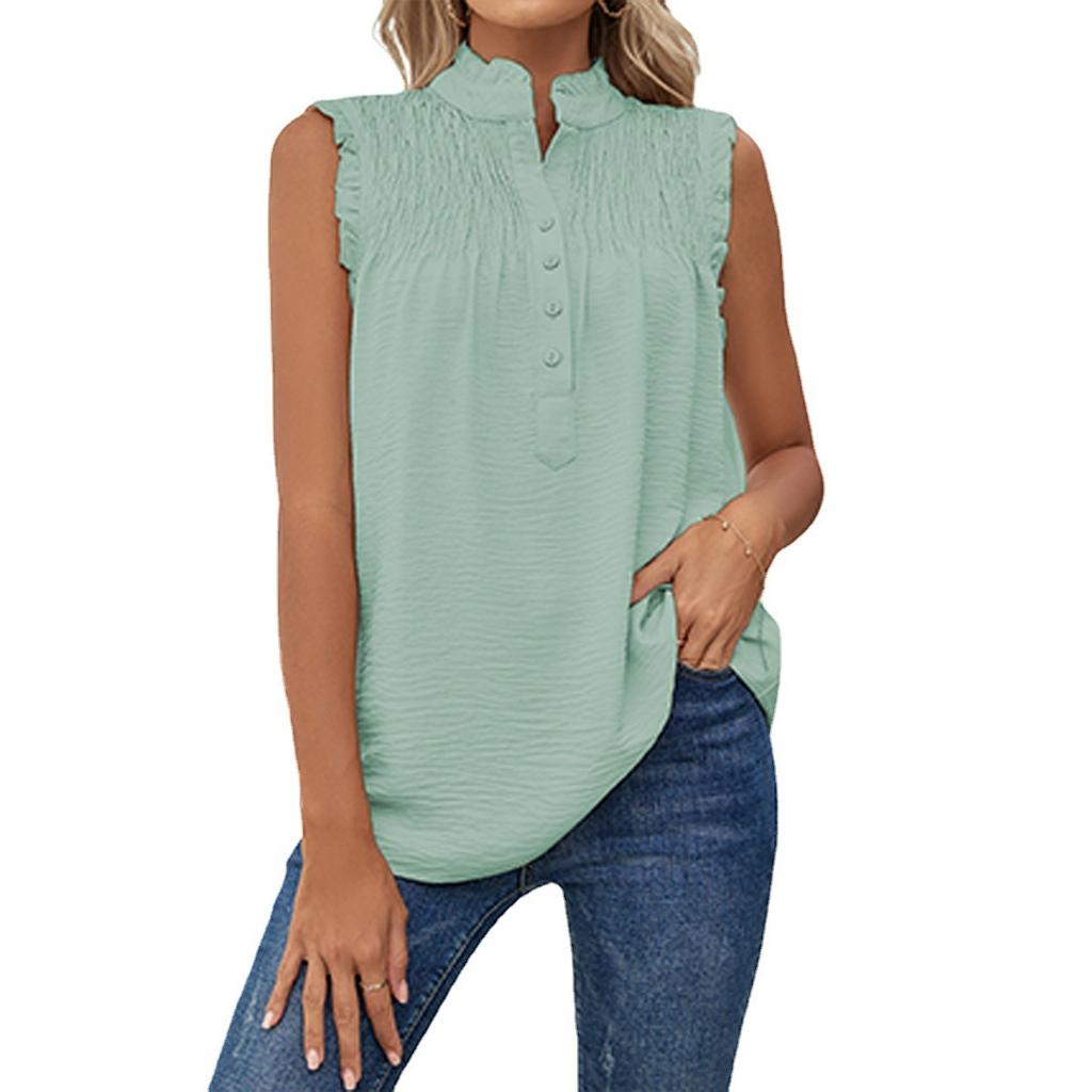Women's Casual Loose Sleeveless High Neck Button Ruffle Tank Top, Plain Solid Color Versatile Blouse For Europe America, Spring Summer Daily Wear