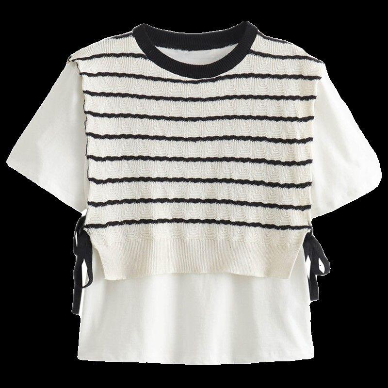 Fashion Style 2024 Summer New Arrival Women's Clothing Stylish Casual Easiest for Match round Neck Patchwork Stripes T-shirt 5644340
