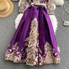 Ladies Spring Autumn New Fashion Vintage Court V-Neck Tie Corset Elegant Evening Dress Vintage Print Long Midi Dress