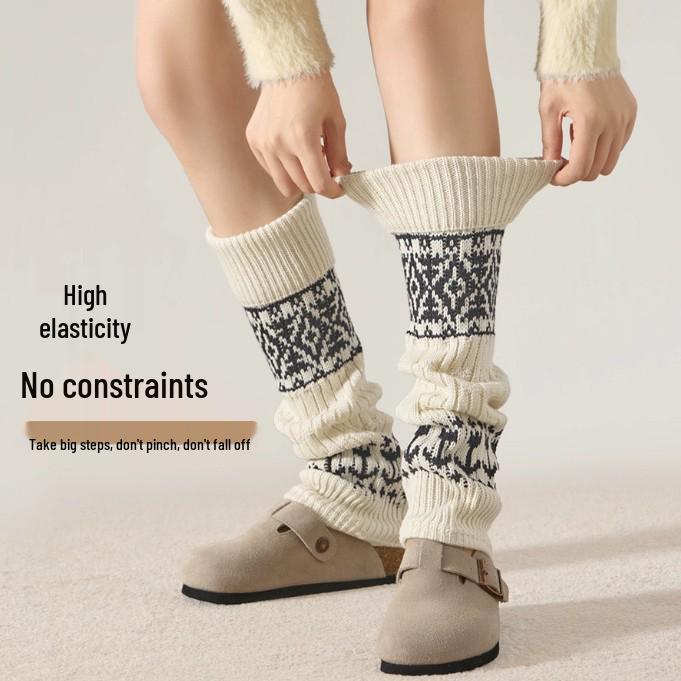 Retro Fair Isle Knit Leg Warmers: Chunky, Slimming Knee-High Socks for Autumn/Winter