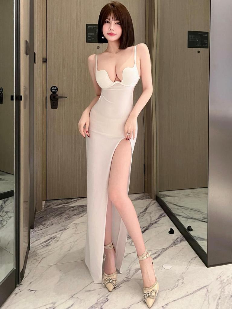 ISLAYCAOLILA EM9 Niella Party Women's Dress, Long, Evening, Dress, Flared, Long, Slit, Camisole, Sleeveless, Waist-Lined, (L, Black)