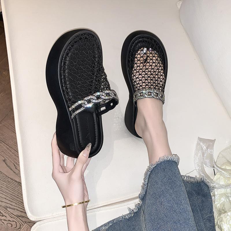 2025 new summer design mesh rhinestone hollow breathable bag head half drag thick bottom muffin outside wear sandals