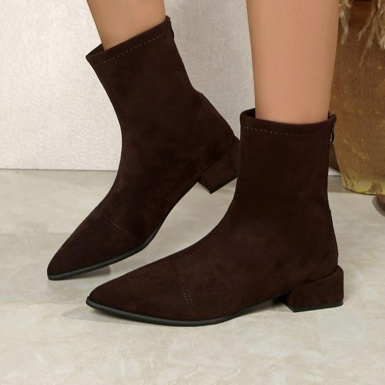 Skinny pointed middle heel Martin boots winter large size rear zipper suede short boots women