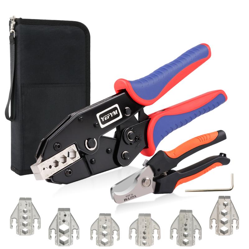YF-L7 Hand-Powered Coaxial Ratchet Crimp Kit with 6 Replaceable Jaws Customizable Tool Sets for RG Cable RF Connectors