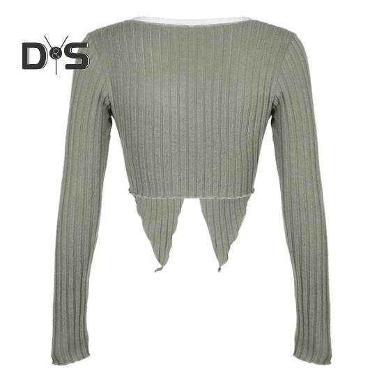 Women Tops V-Neck Lace Stitching Long Sleeve Irregular Hem Pullover Tops Solid Color Ribbed Slim Fit Cropped Tops