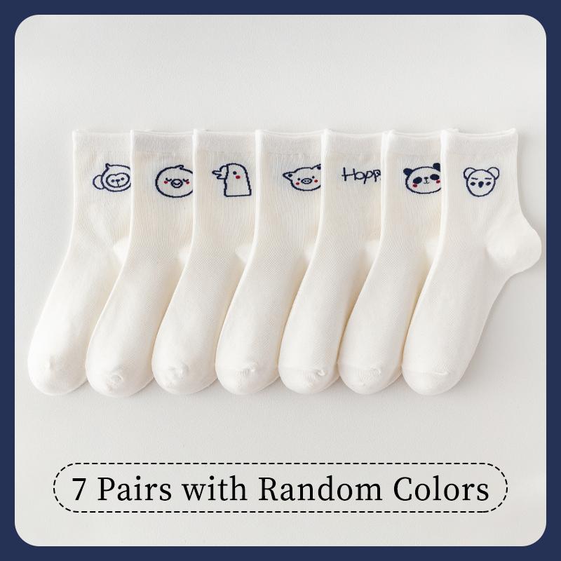 

7 пар женских весенне-осенних мультяшных милых носков средней длины с животными, буквами и слоганами, модных, универсальных, летних, дышащих One Size