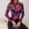Women Elegant Floral Print Stand Collar Mesh Long Sleeve Pullover Top