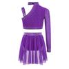 Girls Sparkly Rhinestones Crop Top Ruched Irregular Dance Skirt Figure Skating Gymnastics Set
