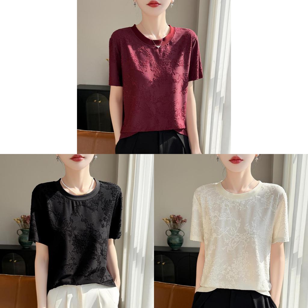Silk Short Sleeve T Shirt With Jacquard Weaving For Casual Wear