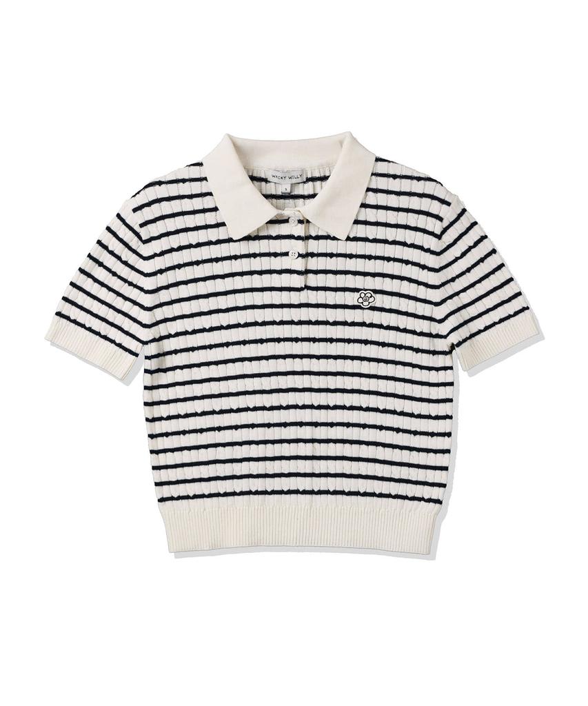 WACKY WILLY Women'S Lily Wappen Cable Collar Short Sleeve Knit Navy