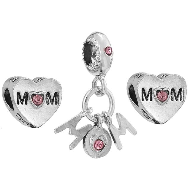3pcs /Lot Pink Love Heart Beads Enamel Mom Pendant Fit Diy Brand Charm Bracelets Necklaces For Women Mother Jewelry Making