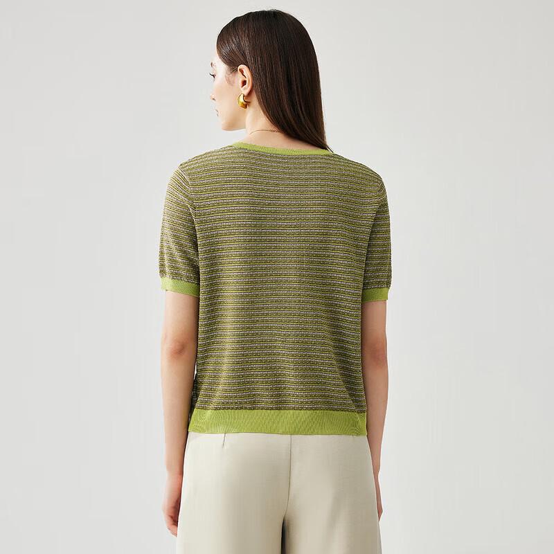 Women's Mulberry Silk Blend Striped Short Sleeve T-Shirt