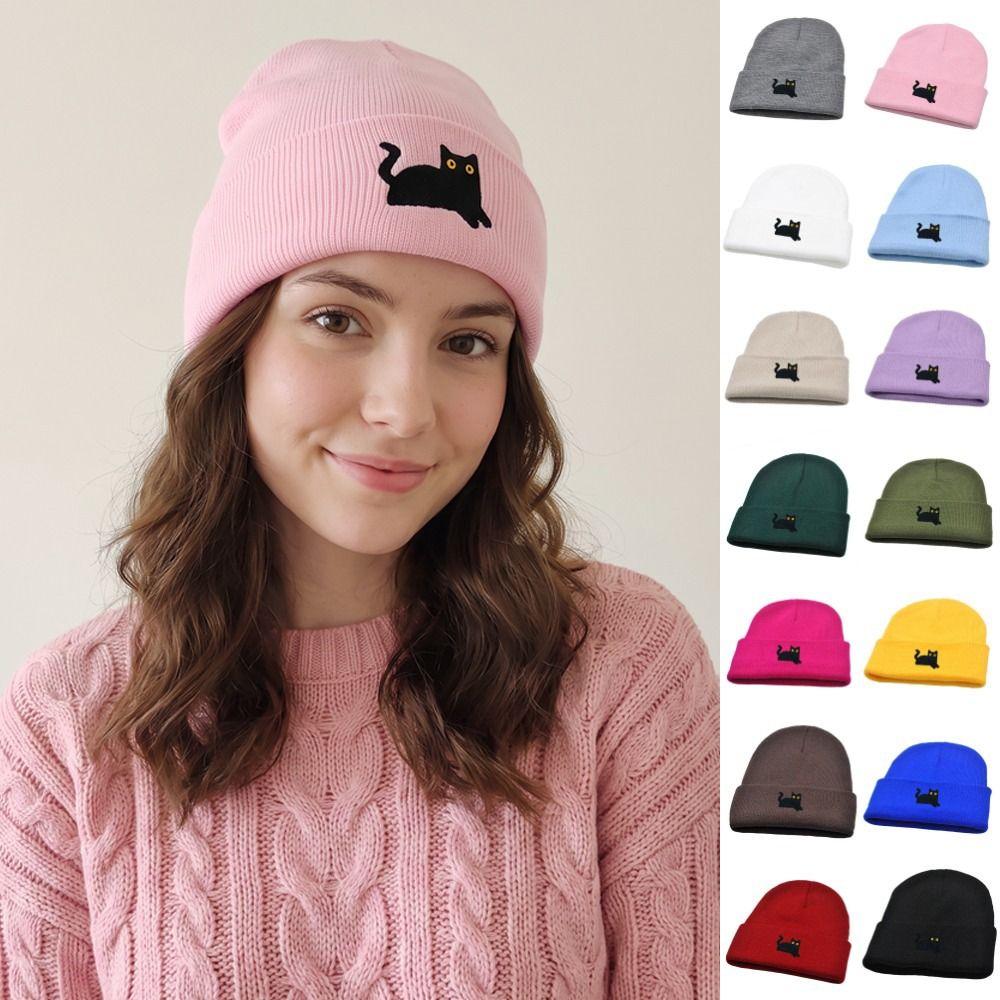Cute Knit Beanies Embroidery Knit Cap Casual Embroidered Cat Knitted Hat Winter