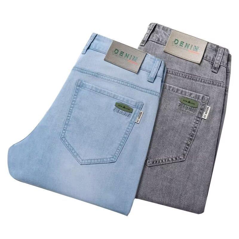 Summer thin smoke gray jeans men's slim straight trendy brand men's elastic pants versatile casual long pants