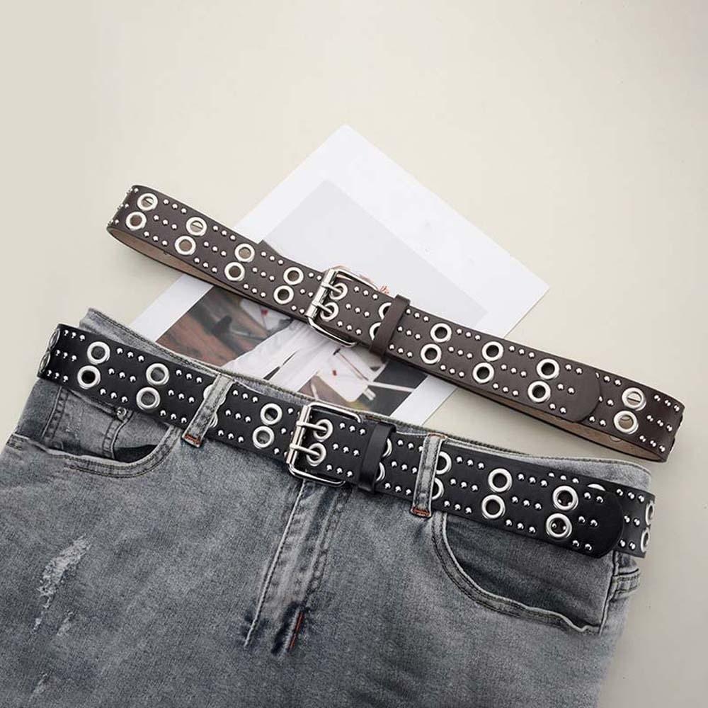 Ceinture à boucle à ardillon double rangée rivets creux ceintures en cuir noir réglables pour cadeau