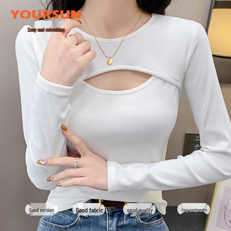 Yiershuang Women's Hollow Design Slim-Fit Long Sleeve T-Shirt