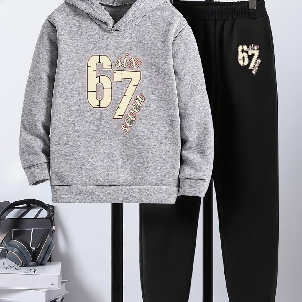 Boys' Casual Two-Piece Hoodie and Pants Set - "67 Number Patchwork" Print, Comfortable Long-Sleeved Pullover and Jogging Pants