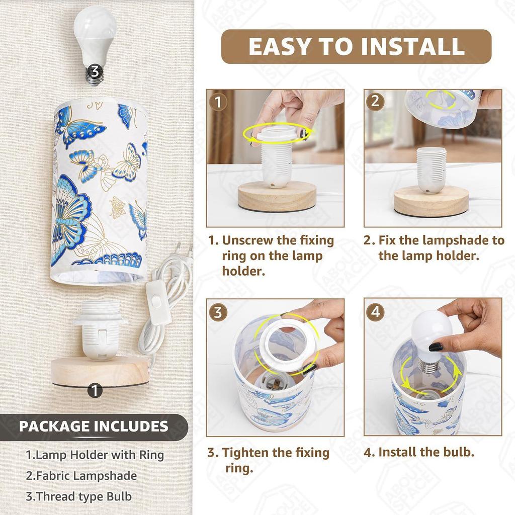 Night Lamp - Butterfly Themed Bedside Reading Lamp with Wooden Base for Night, Bed Room, Living Room, Home & Decor