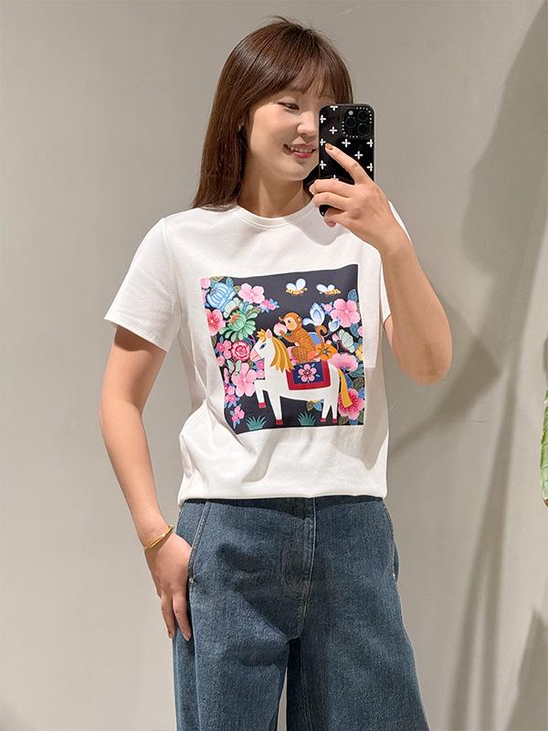 New Spring Chinese Style Women s Pure Cotton Round Neck Illustration T-shirt S белый