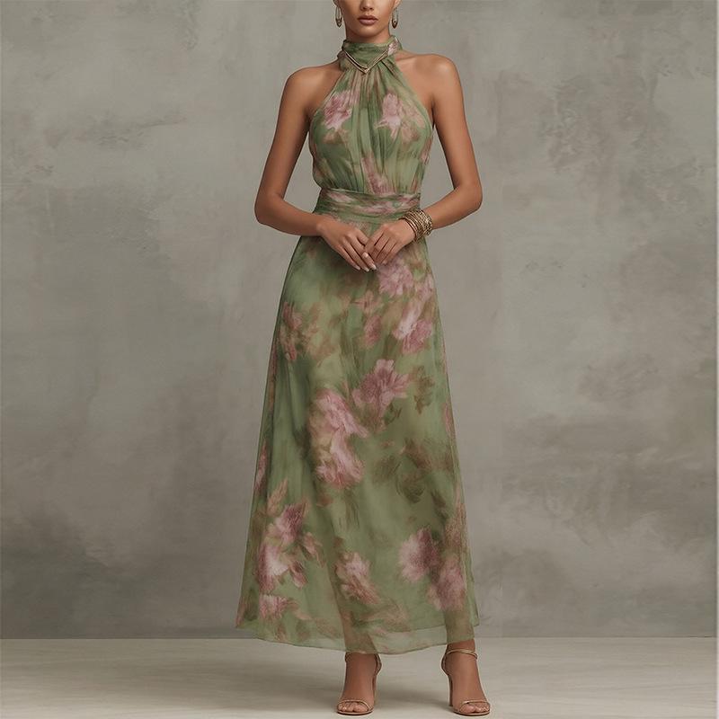 Retro Fashion Maxi Dress Summer Sleeveless Simple Print Ruffled Dresses Streetwear for Women's Clothing Holiday Party