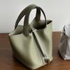 New leather first layer cowhide lychee pattern bucket bag handbag vegetable basket bag women's bag
