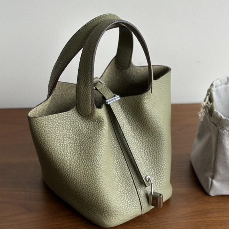 New leather first layer cowhide lychee pattern bucket bag handbag vegetable basket bag women's bag