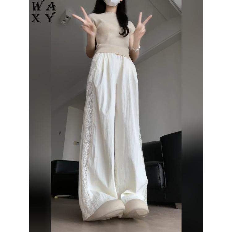 Pantalones Patchwork de Encaje Vintage Mujer Verano Sueltos High Street Pierna Ancha Casual