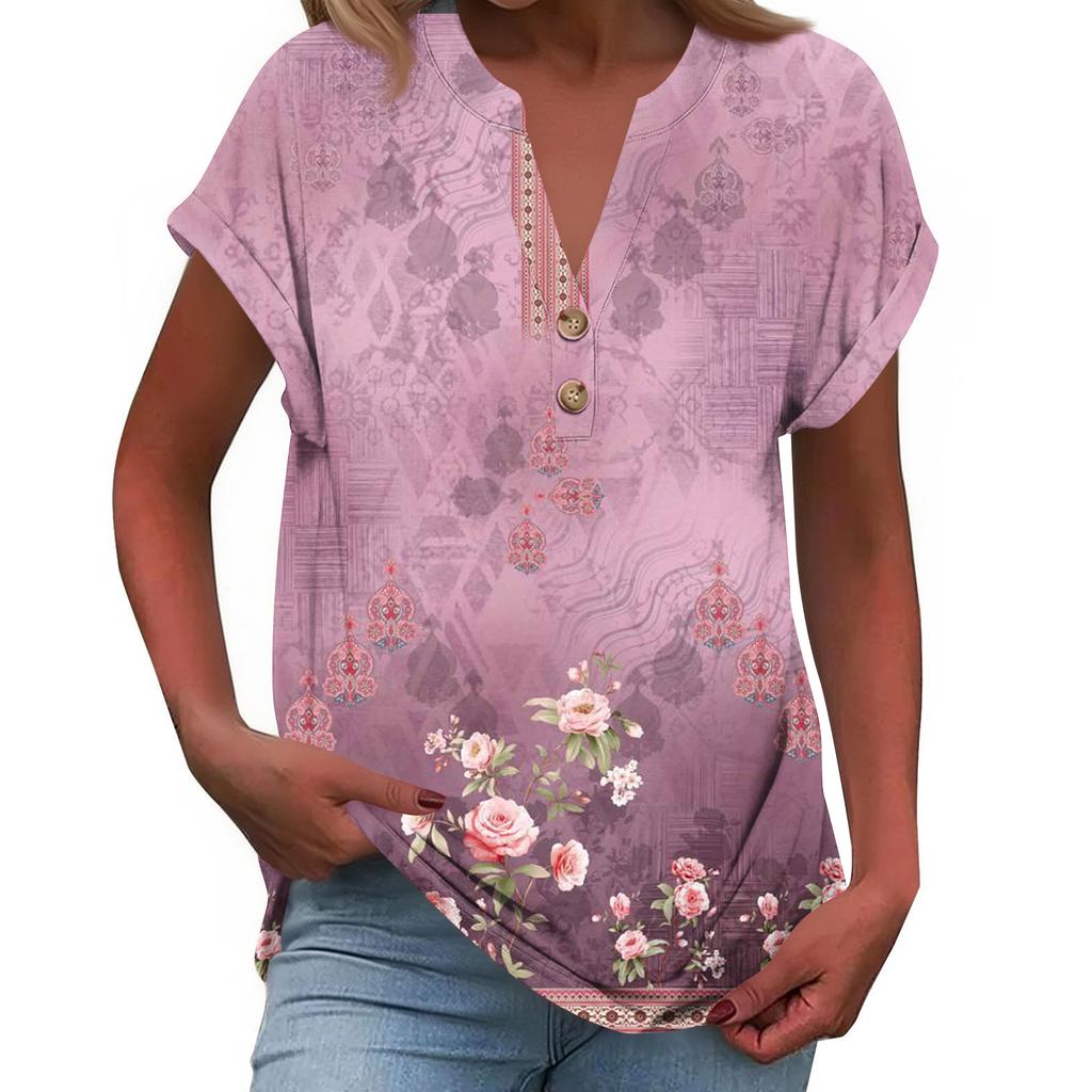 Women's Fashionable Casual Loose-Fit Short-Sleeved Button-Up V-Neck Printed T-Shirt Top