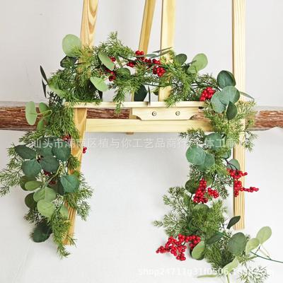Simulated Christmas Rattan, Christmas Pine Needles, Red Fruits, Pine Cones, Indoor Green Plant Decoration, Wall Pendant