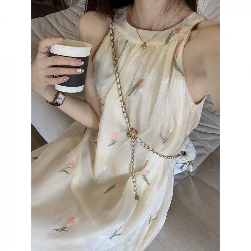 Elegant French Floral Embroidered Halter Midi Dress S 80-89 lbs
