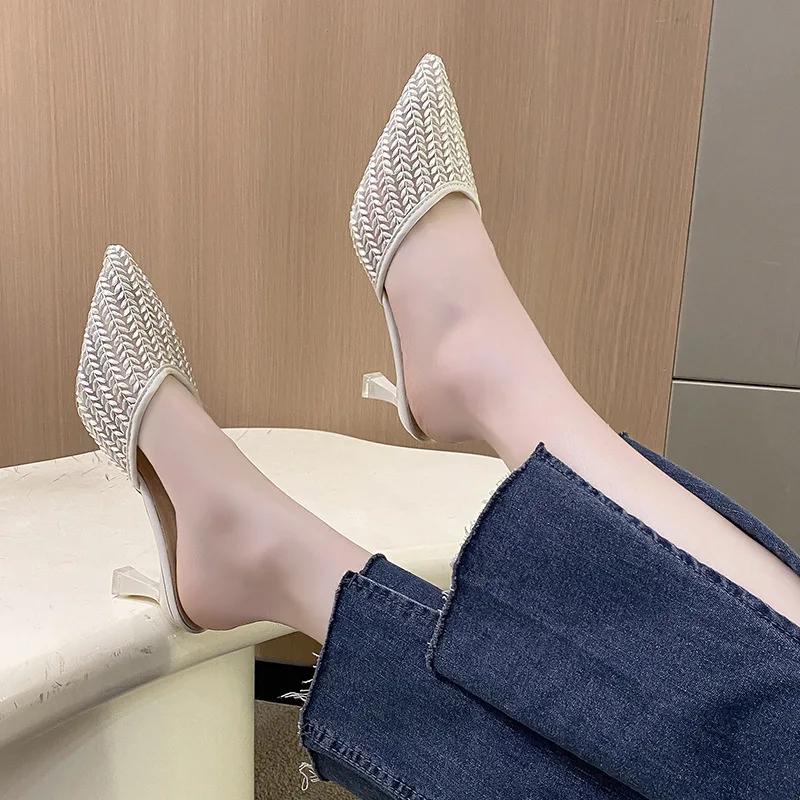 Minimalist Fashion Slippers 2024 Summer New Women's Slim Heel One Line Ladies Fashion High Heel Slippers Women Shoes