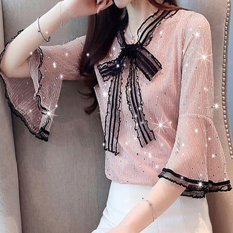 Korean Lace Bow Chiffon Elegant Women's Shirts Summer New Female Clothing Sweet Fashion V-Neck Flare Sleeve Pullovers Blouses