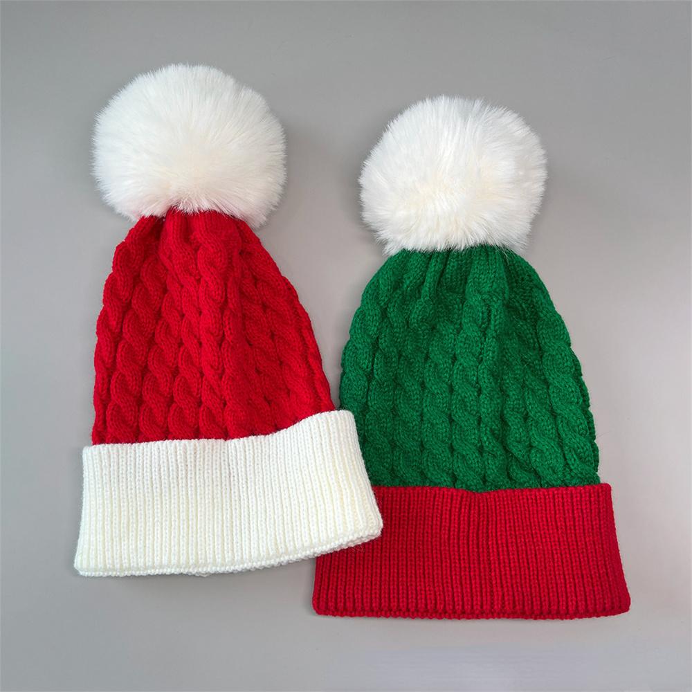 1PC/2PCS Fluffy Balls Christmas Knitted Hat Winter Beanie Santa Hat 2026 New Year Party Kids Gift Navidad Noel Xmas Decoration