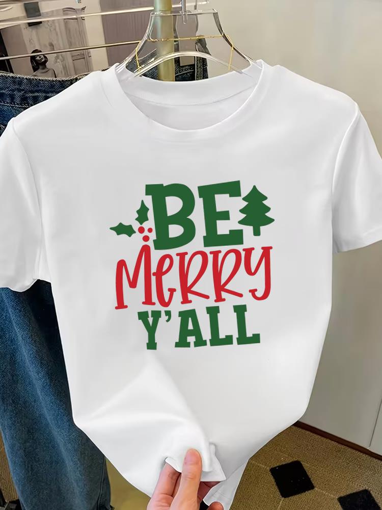 (Asian Size) Letter Lovely Cute Merry Christmas Fashion Short Sleeve T-shirts Women's Top O-neck T Shirt Print Casual New Year Clothing Graphic Tee
