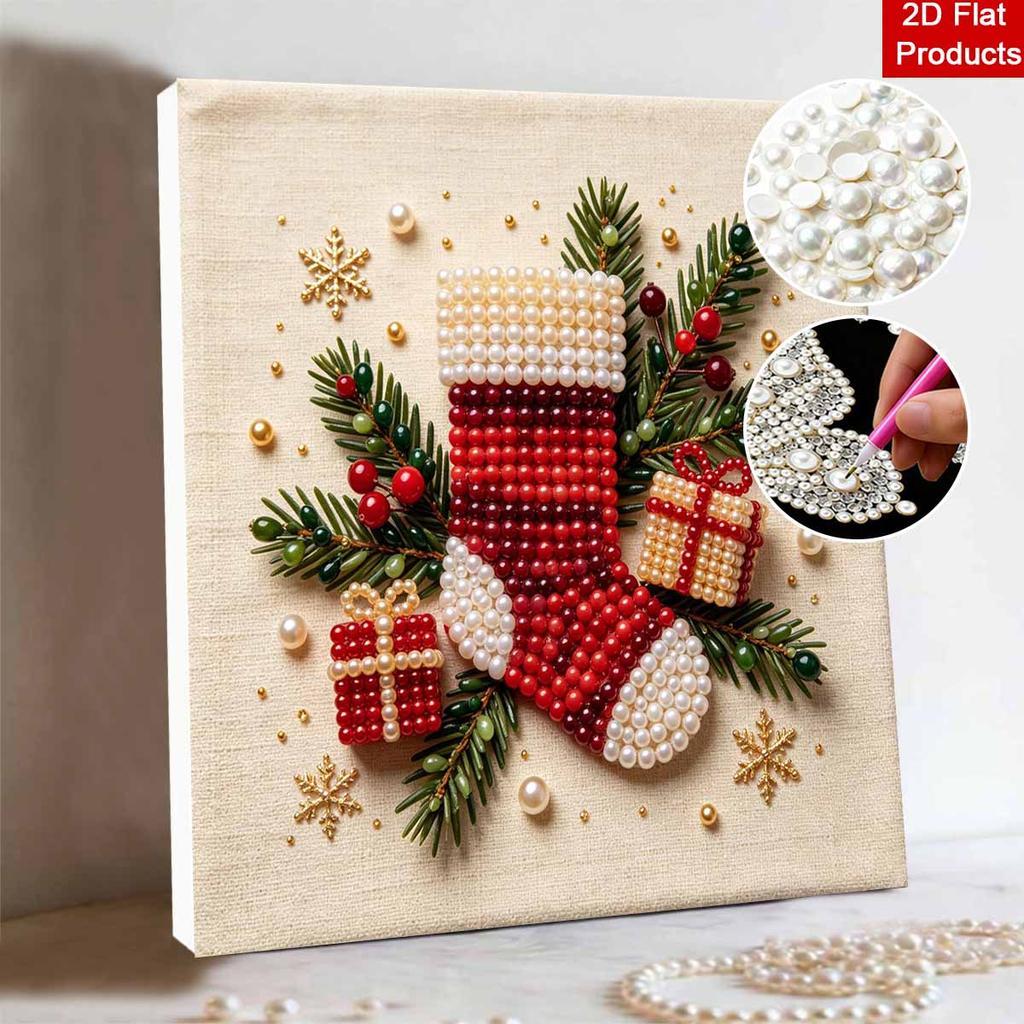 DIY 5D Perlenmalerei-Set Gerahmt mit Weihnachtsstrumpf-Geschenkdesign Funkelndes Perlen-Leinwandbild Kreatives Geschenk für Kinderzimmerdekoration
