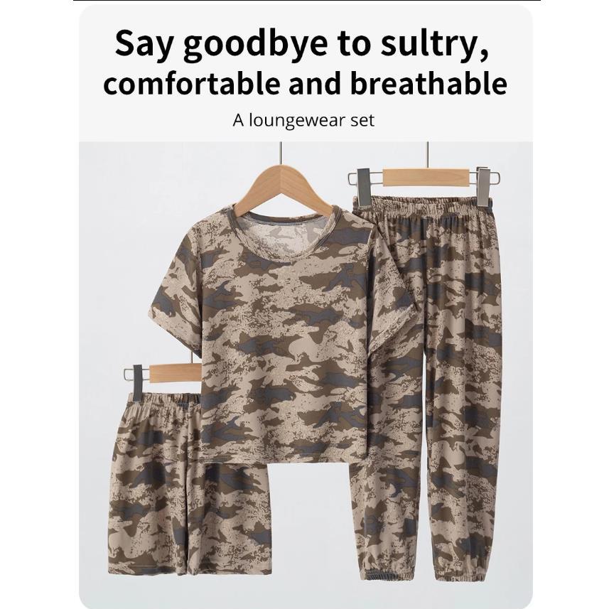 3pcs Summer Children's Printing Short-sleeved Shorts 9 Pants Suit Boys and Girls Comfortable Pajamas Can Be Worn Outside