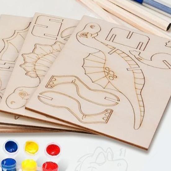 1 Set Wooden Dinosaur Puzzle Toy Kit with 5 Coloring Pens 30 Pigments 6 Wood Dino Jigsaws Assembly Game Educational Toy Boys Girls Gift