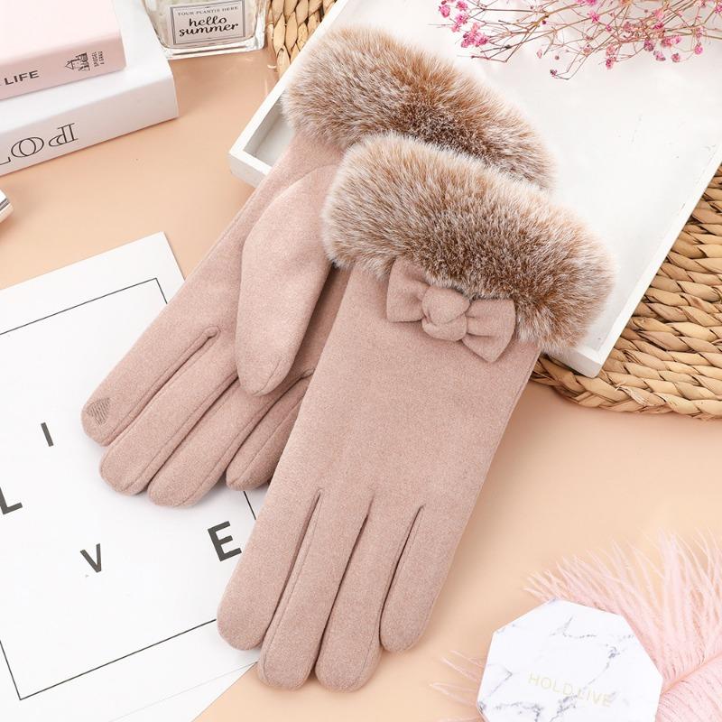 Ladies Thermal Gloves Autumn and Winter Outdoor Riding Driving Cute Velvet Bow German Velvet Cold-proof Gloves