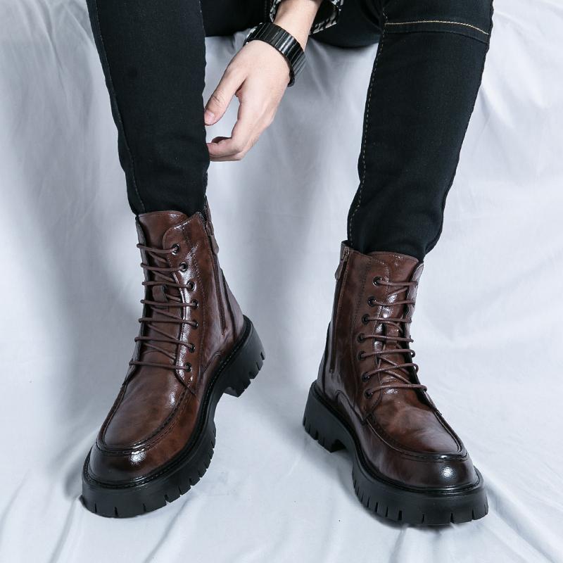 High Top Men Boots PU Solid Color Thick Sole Round Toe Lace Up Motorcycle Cowboy Boots Fashionable and Comfortable Men Boots