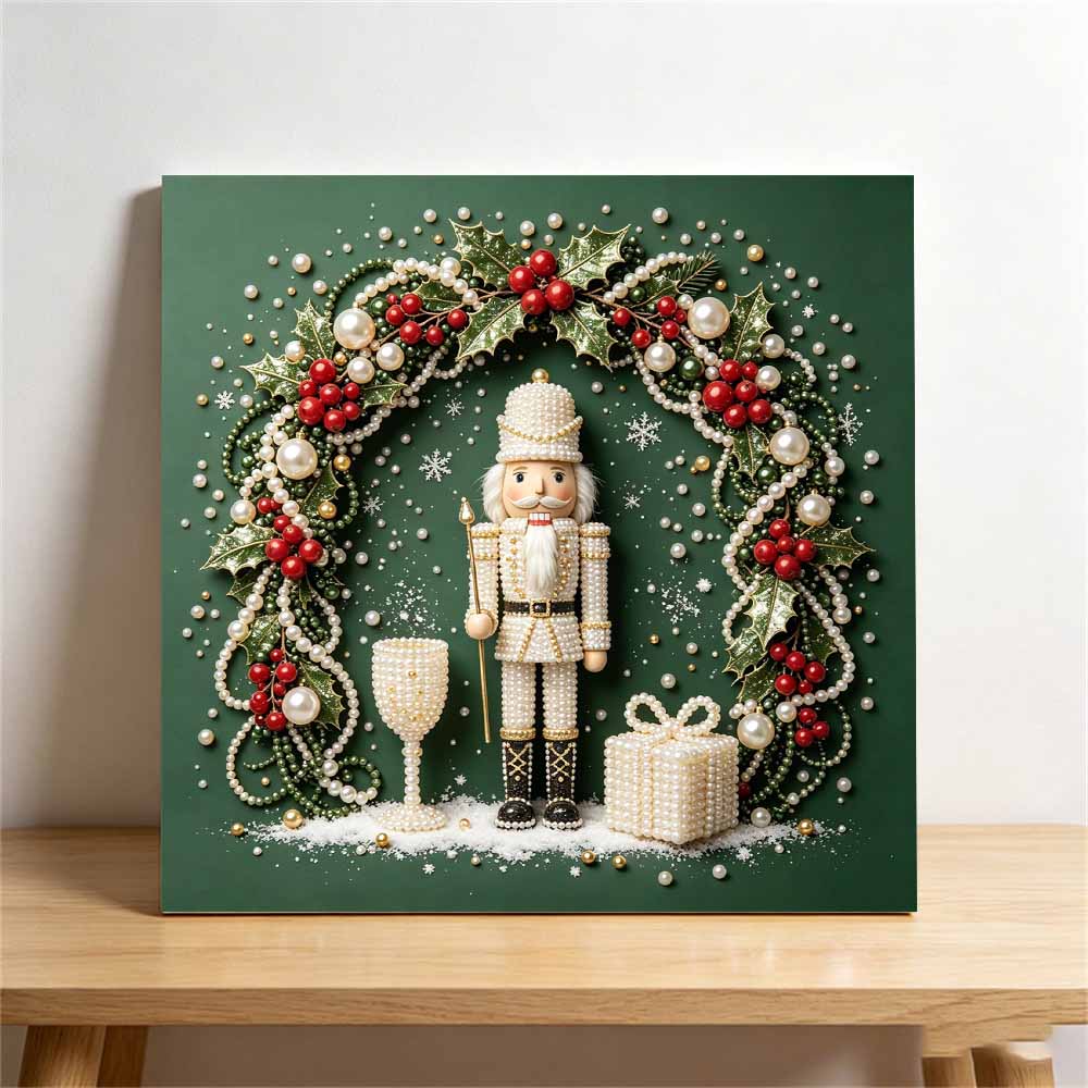 Framed Pearl Art DIY Kit with Christmas Nutcracker and Holly Wreath 3D Sparkling Bead Canvas Painting Handmade Gift for Home Decoration