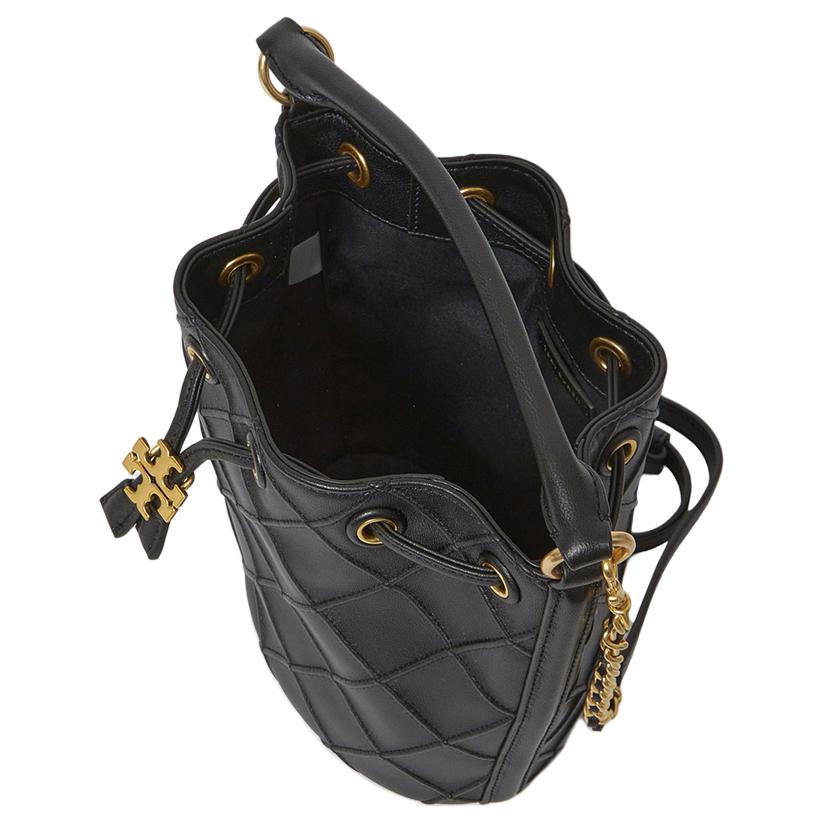 Tory Burch Fleming Logo Brass Accents Pleated Quilted Leather Bucket Bag Women Handbags Black 142565-001