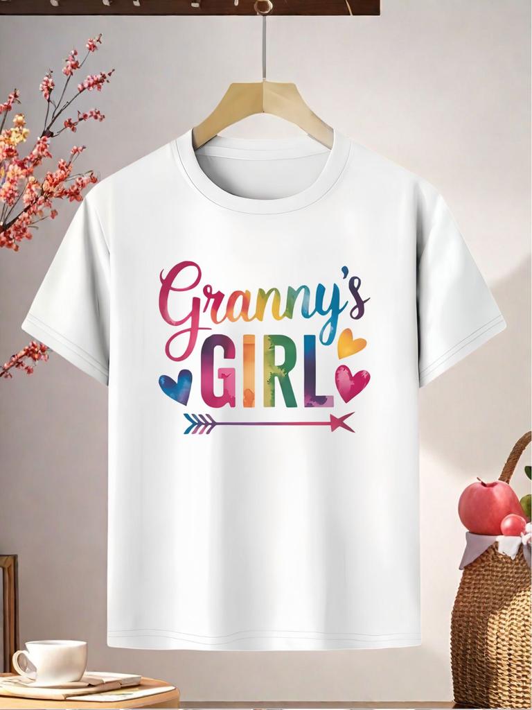 Grandma's Colorful Letter Print T-Shirt- This Soft Tee Features The Colorful Letters And Heart Design of 'Granny'S', Making It Perfect for Summer Casu