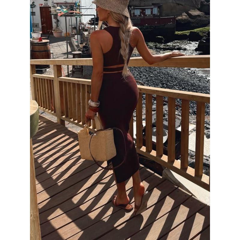 Women Casual Solid Color Sleeveless Cropped Top Slit Midi Skirt Two Piece Set